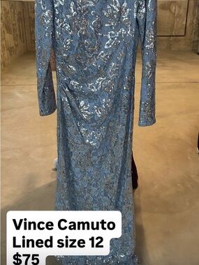 Vince Camuto Dusty Blue Sequin Lace Long-Sleeve Dress